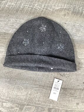 Talbots Charcoal Knit Beanie with Jewel Snowflake Accents one size new